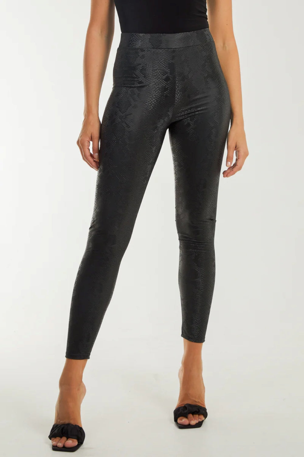 Aftershock London Snake Print Faux Leather Leggings – Black, Wide Waistband