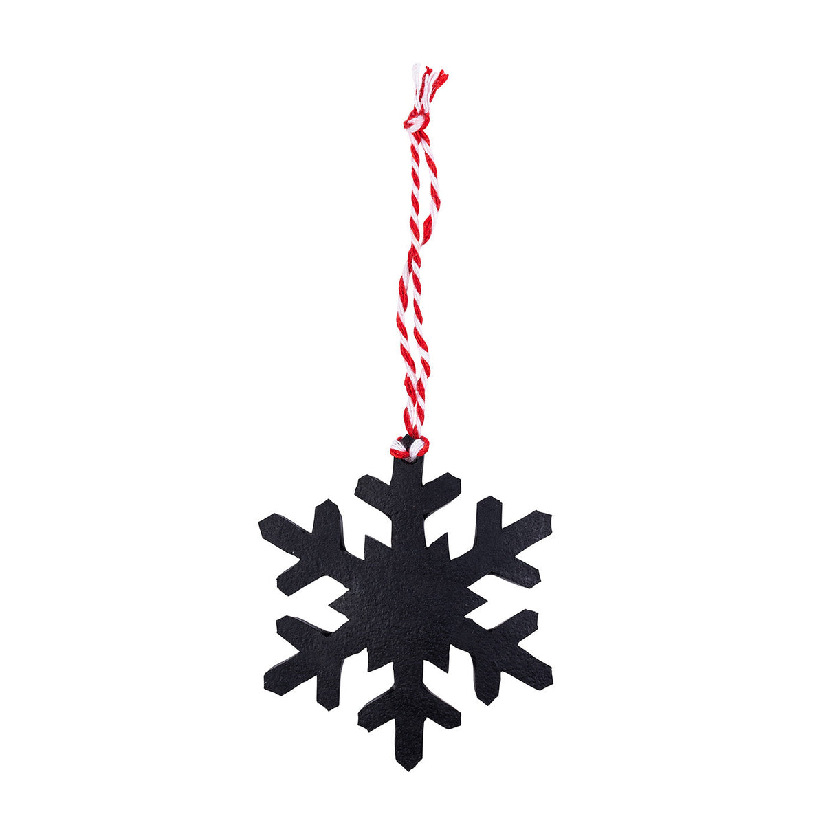 Black upcycled rubber snowflake decoration on red and white twine