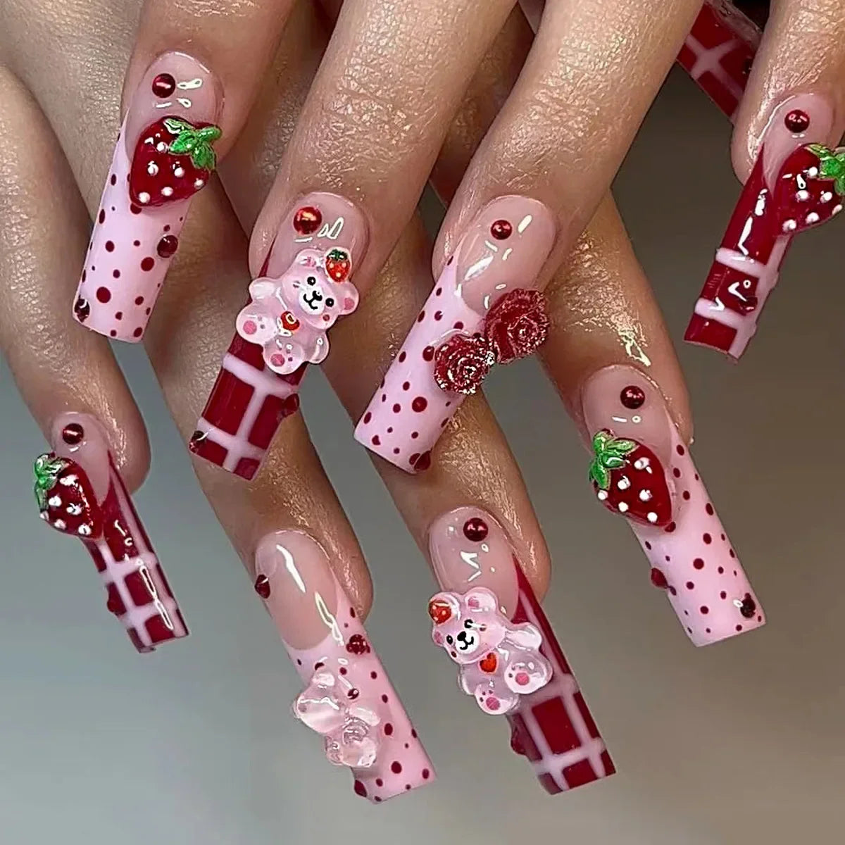 Strawberry & Bear Themed Fake Nails