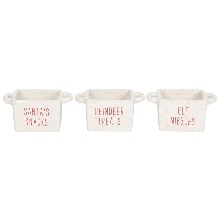 Speckled ceramic bowls labelled Santa's Snacks, Reindeer Treats and Elf Nibbles