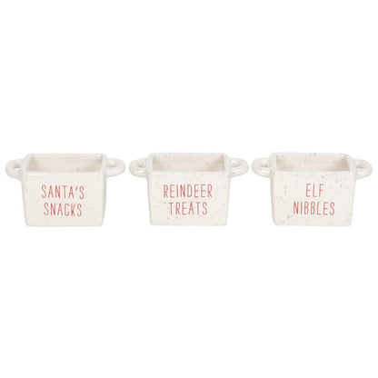 Speckled ceramic bowls labelled Santa's Snacks, Reindeer Treats and Elf Nibbles
