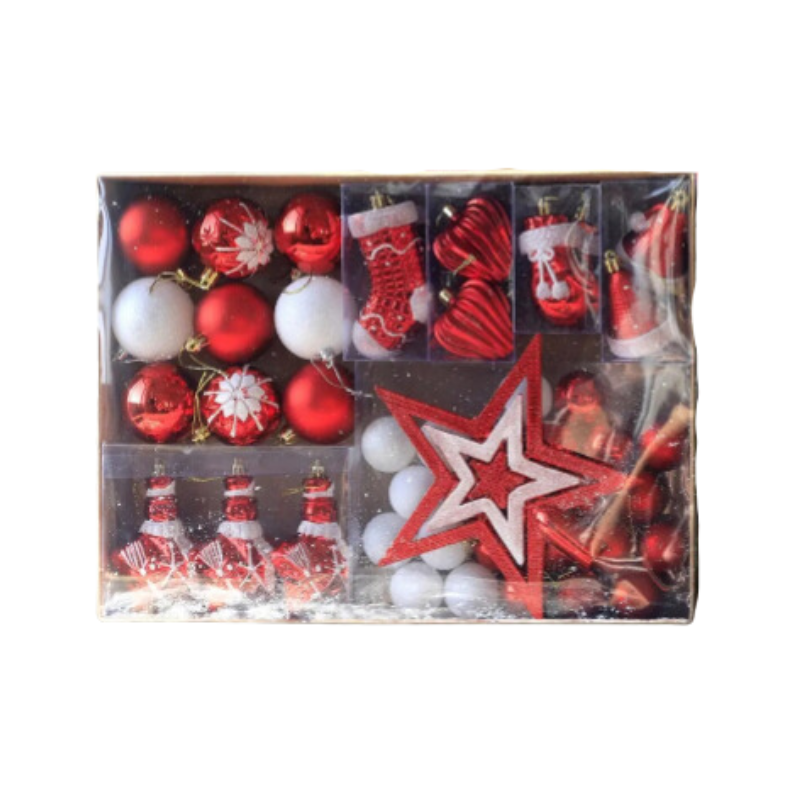 47-piece red and white Christmas bauble set in its compartment box with baubles, stars, hearts and mini stockings