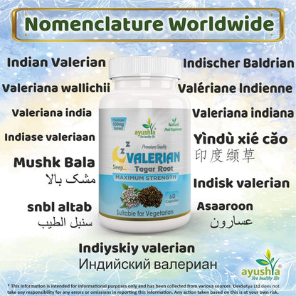 Ayushya Valerian Capsules (Tagar) Restful Sleep Support - Vegan, Gluten Free, Non-GMO, 60 Capsules