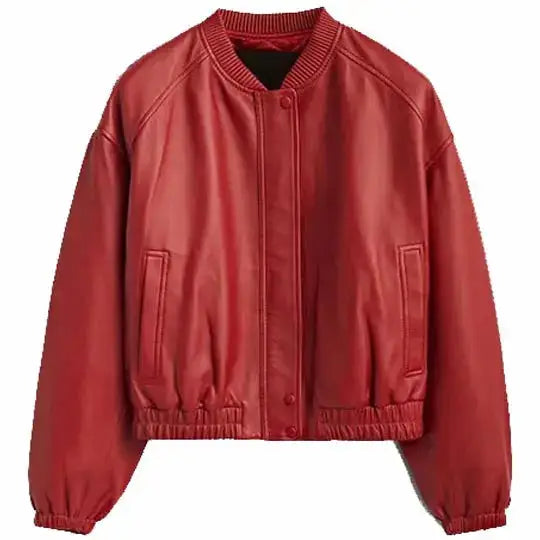 Women’s Red Leather Bomber Jacket