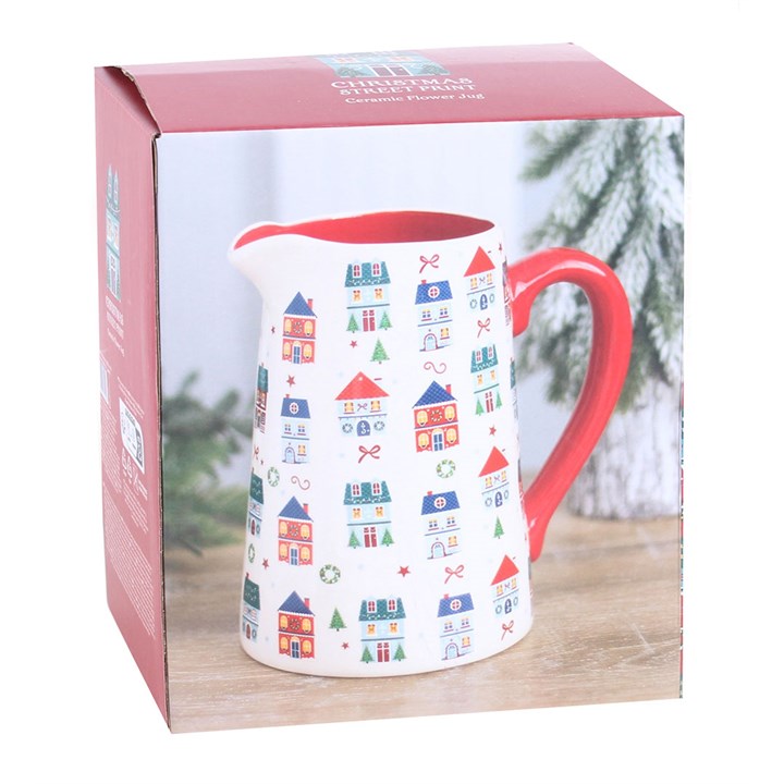 Christmas Street print ceramic flower jug in its gift box