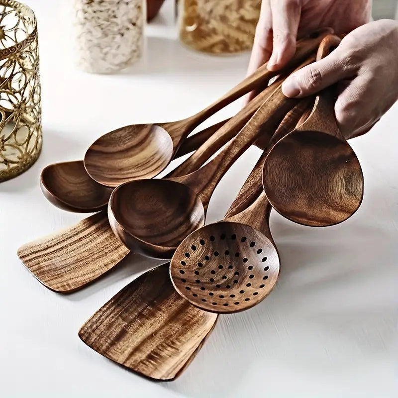 Aapon mini market -7-Piece Natural Teak Wooden Spoons for Cooking Set