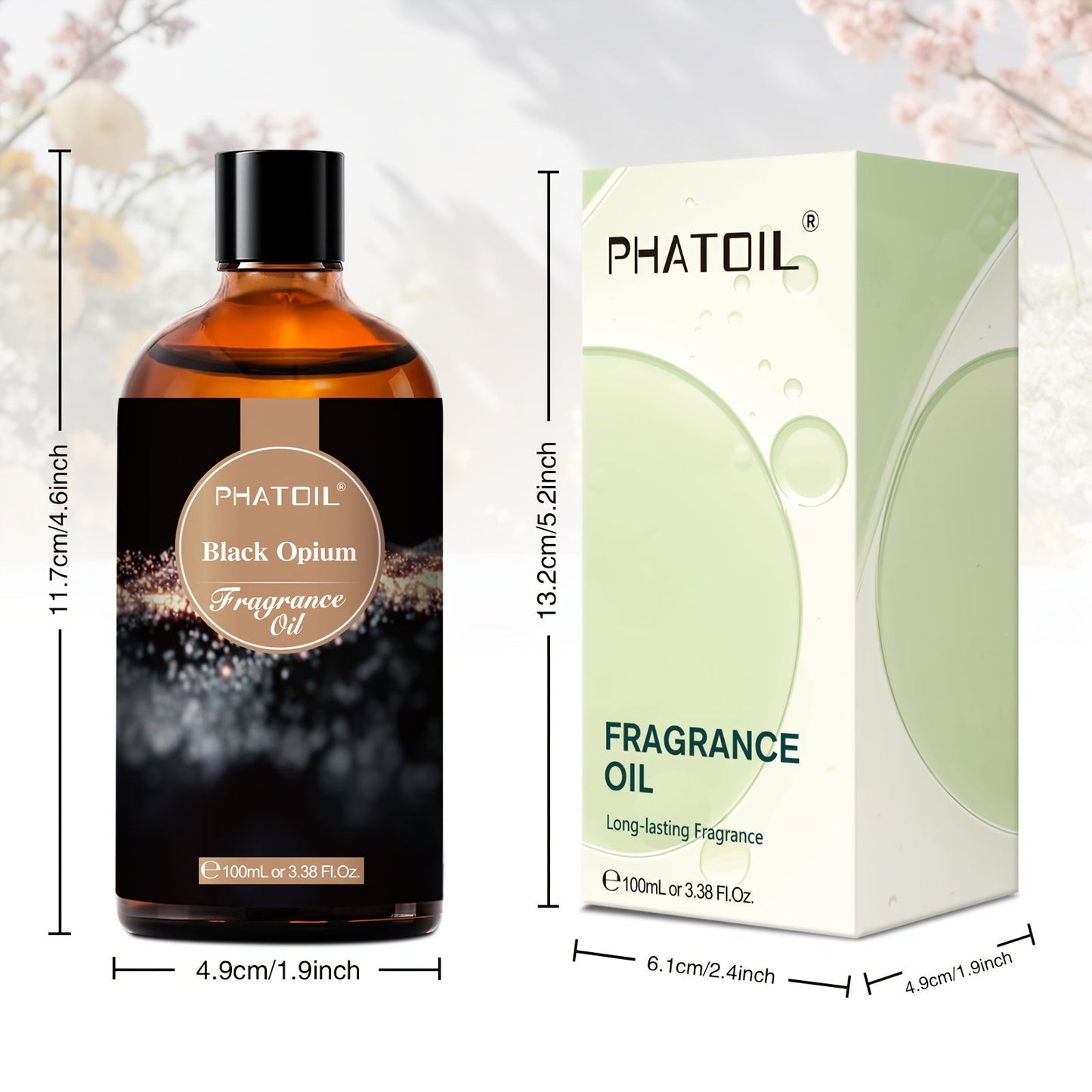 Phatoil Black Opium fragrance oil bottle and packaging with dimensions displayed.