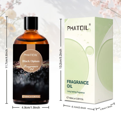 Phatoil Black Opium fragrance oil bottle and packaging with dimensions displayed.