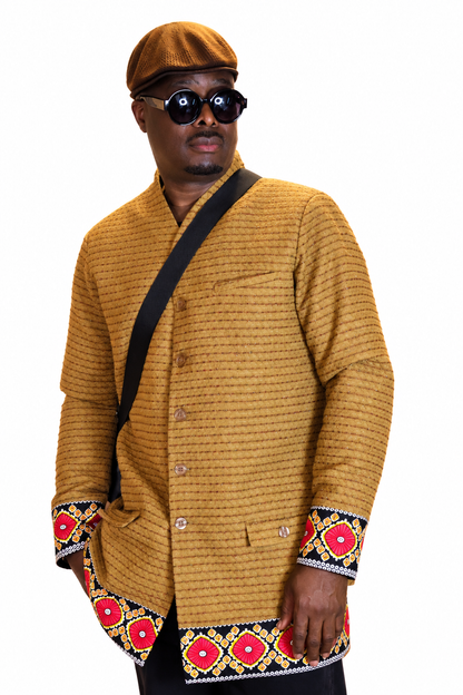 Aurelia | Gold Textured Ankara-Trim Coat