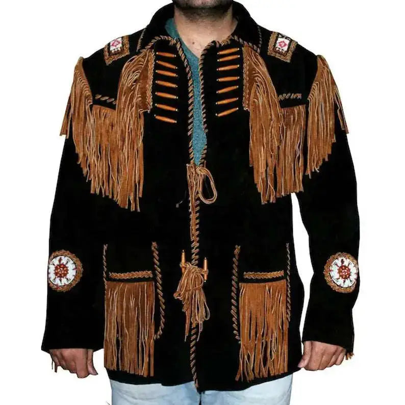 Men's Leather Jacket with Fringes & Beads
