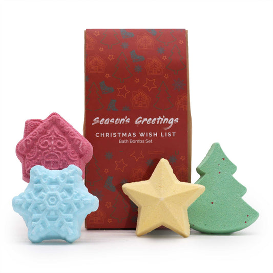Christmas Wish List bath bomb gift set with snowflake, star, tree and gingerbread house bath bombs