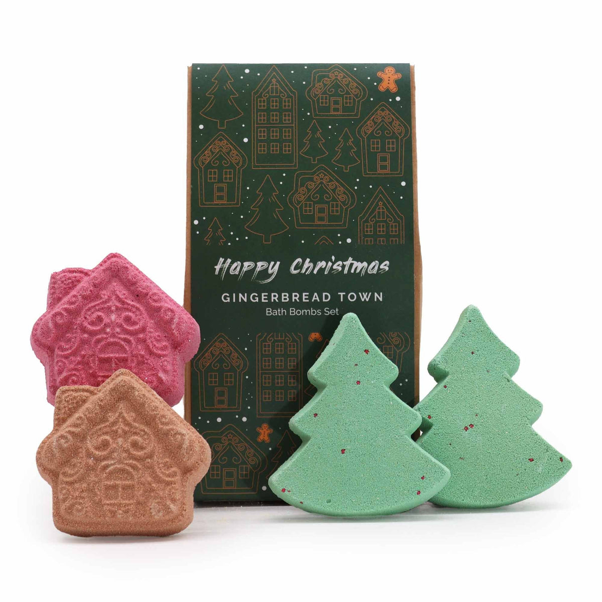Gingerbread Town bath bomb gift set with two gingerbread house and two Christmas tree bath bombs