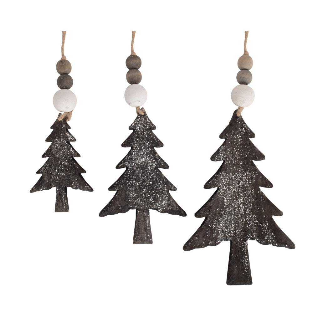 Three glitter Christmas tree hanging decorations with jute string and wooden beads