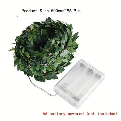 NNETM 5m 50LED Green Leaf String Lights - Battery-Powered Fairy Lights