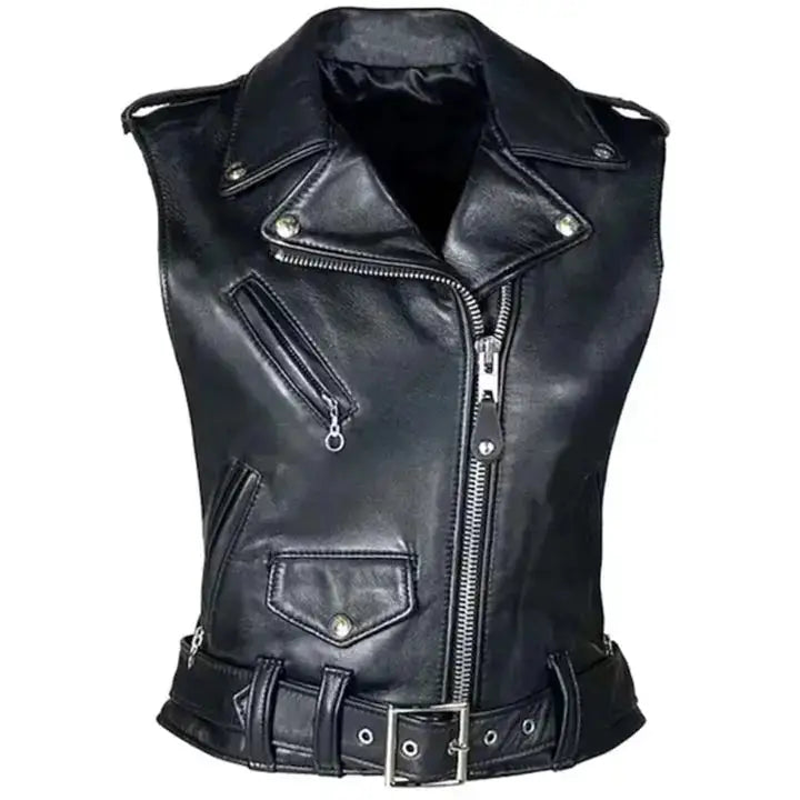 Womens Black Leather Biker Vest