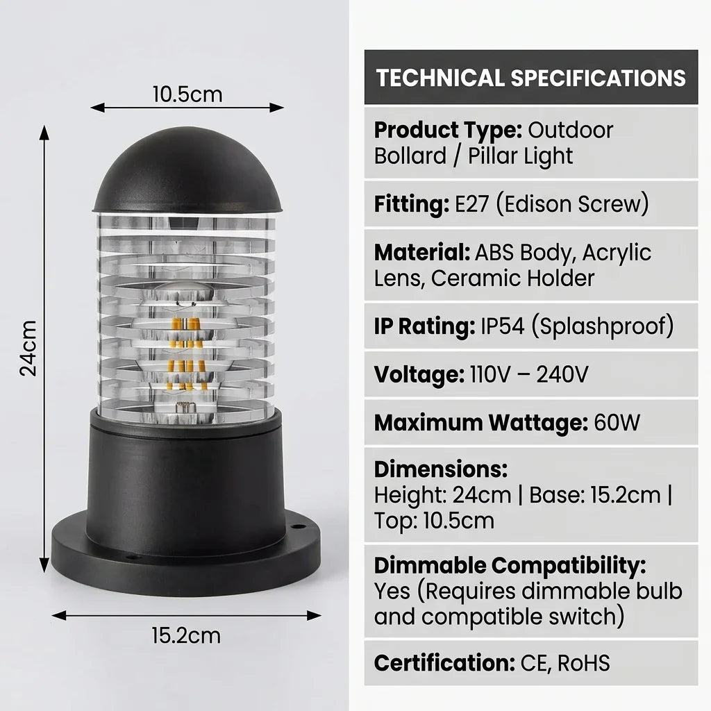 IP54 Outdoor Bollard Light E27 Garden Pillar Pathway Driveway ~ 5121