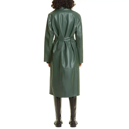 Women's Elegant Green Wrap Leather Coat