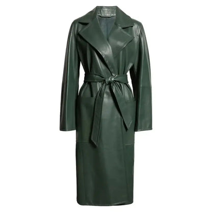 Women's Elegant Green Wrap Leather Coat
