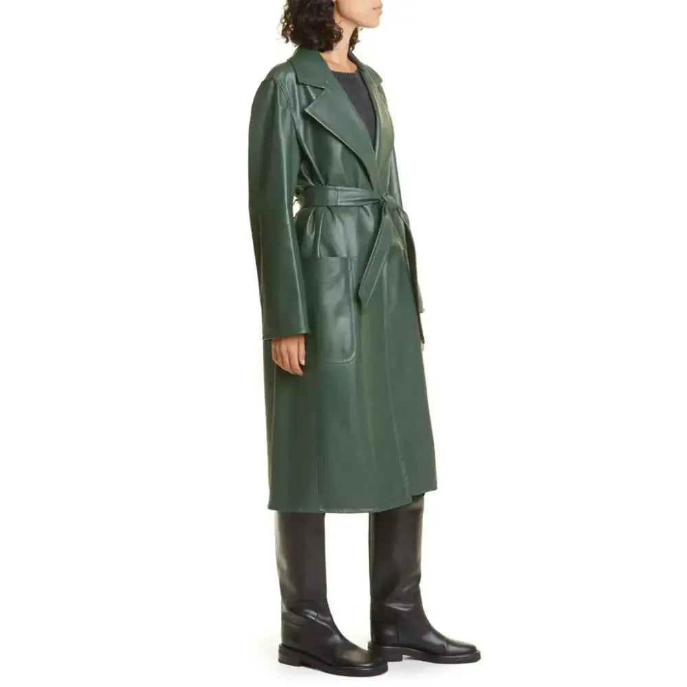 Women's Elegant Green Wrap Leather Coat