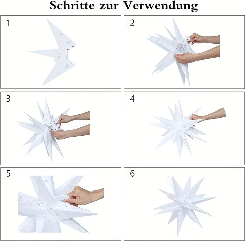 Step-by-step pictures showing how to open out the points of the Moravian star