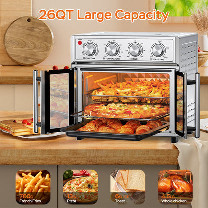 29.5 QT Air Fryer Convection Toaster Oven, French Door, 6 Slices, 1700W,