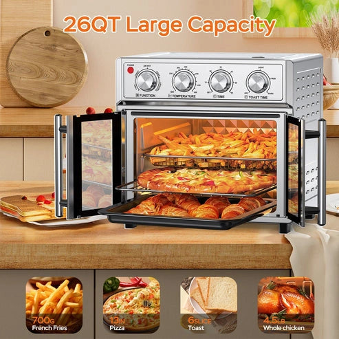 Aaponminimarket 29.5 QT Air Fryer Convection Toaster Oven, French Door, 6 Slices, 1700W,