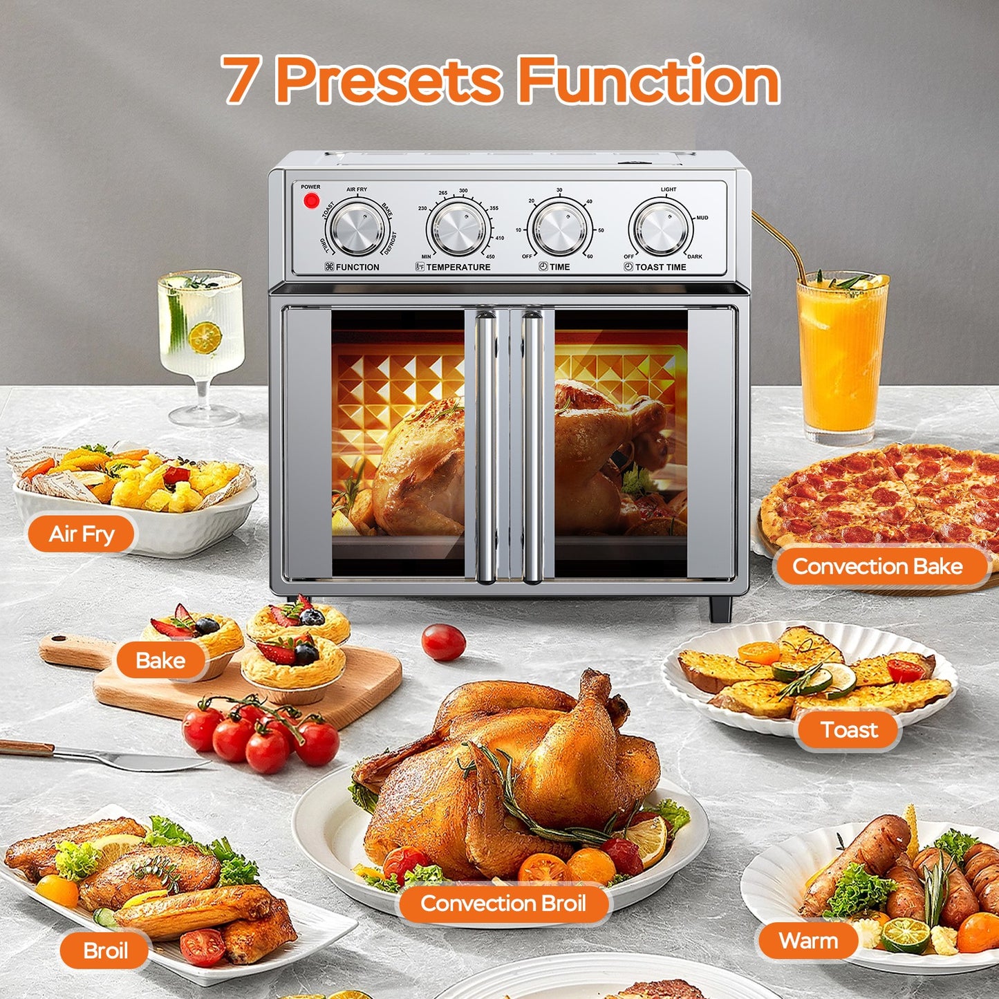 29.5 QT Air Fryer Convection Toaster Oven, French Door, 6 Slices, 1700W,