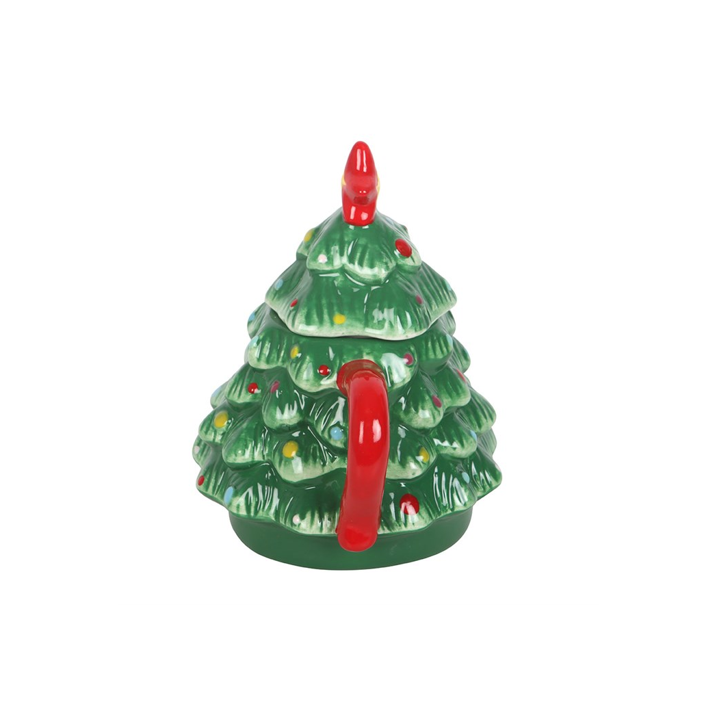 Back of the Christmas tree mug with lid on and red handle