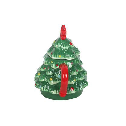 Back of the Christmas tree mug with lid on and red handle