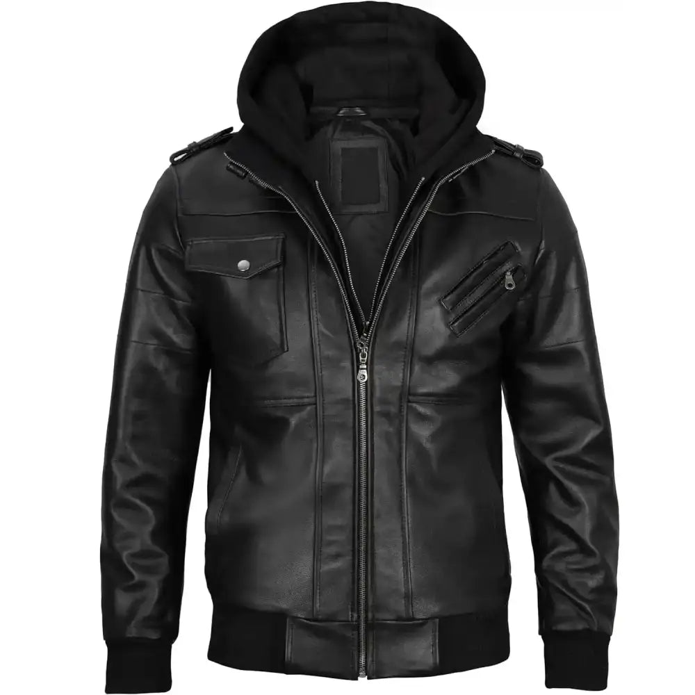 Men’s Hooded Genuine Black Leather Bomber Jacket
