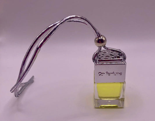 Hanging glass car diffuser with decorative silver cap and festive scented liquid