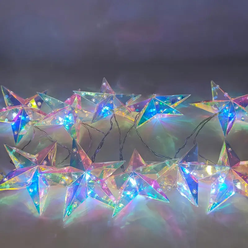 Iridescent LED star string lights glowing with rainbow reflections