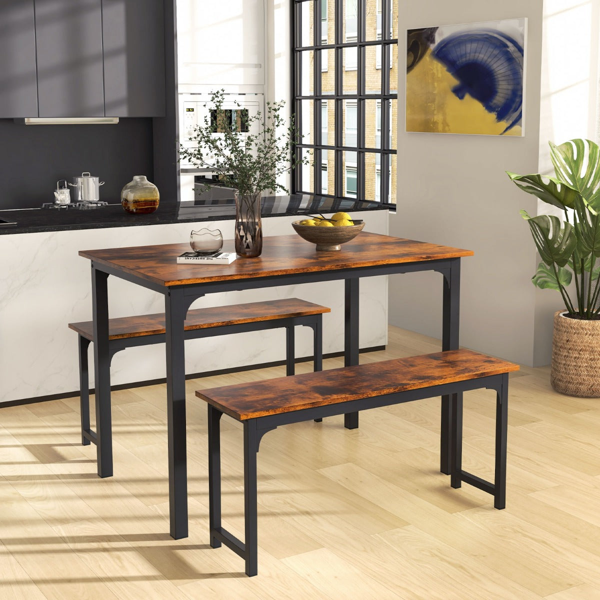 Aapon mini market -NNECW Space-saving Dining Table Set for 4 with 2 Benches