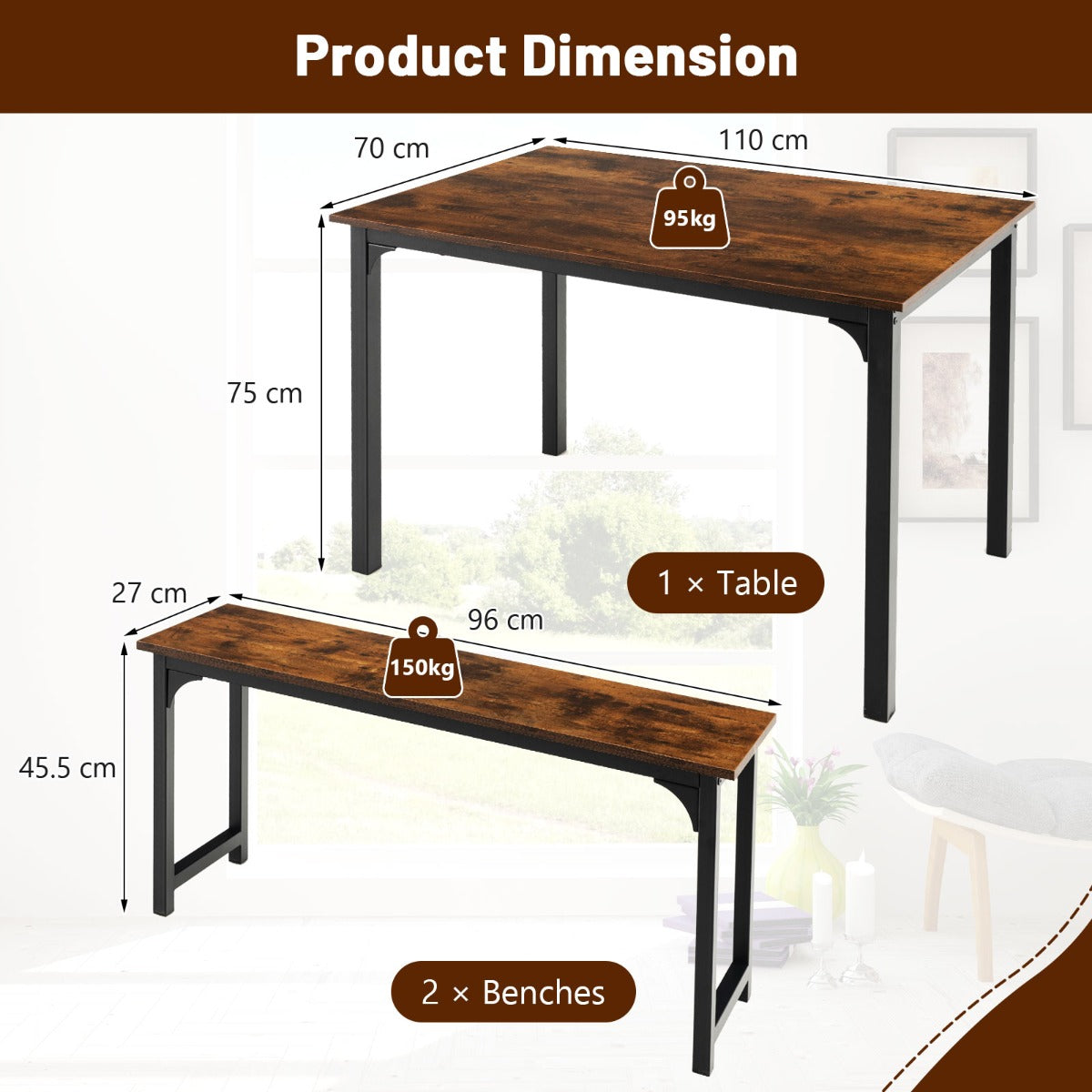 Aapon mini market -NNECW Space-saving Dining Table Set for 4 with 2 Benches