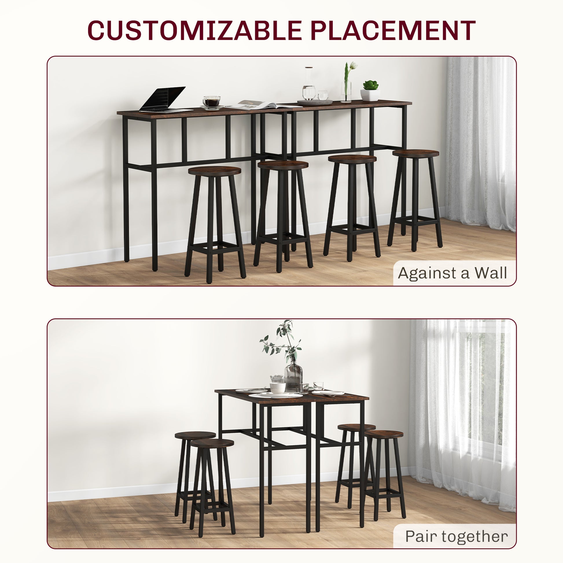 Bar Table and Stools, 2 Breakfast Tables w/ 4 Stools, Counter Height Dining Tables & Chairs for Kitchen, Living Room, Rustic Brown | HOMCOM-4