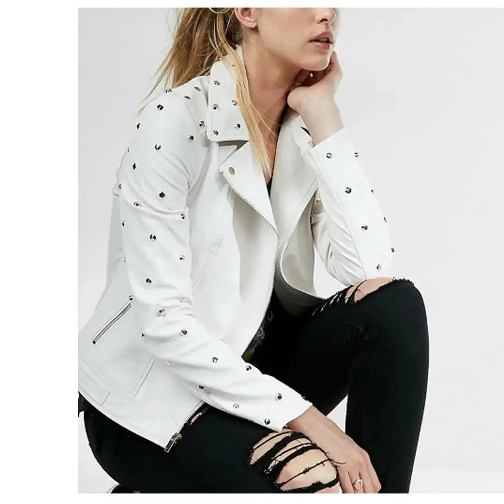 Women’s White Gold Studded Leather Jacket