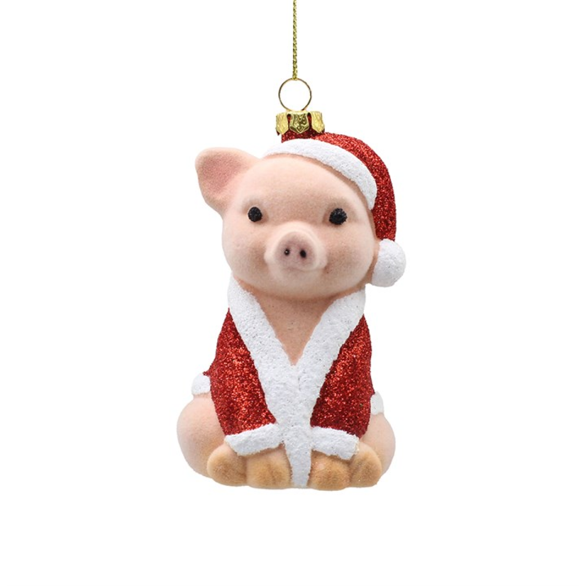Flocked glass pig Christmas bauble in a glittery red Santa coat and hat
