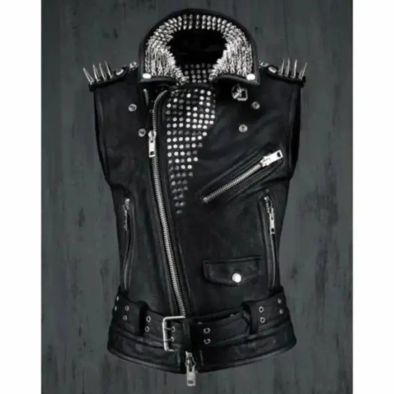 Studded Black Leather Biker Vest