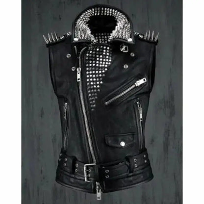 Studded Black Leather Biker Vest