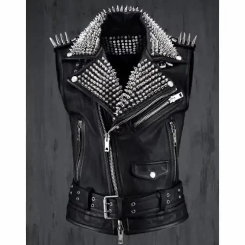 Studded Black Leather Biker Vest