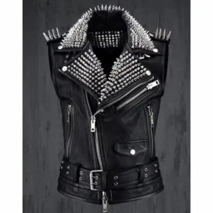 Studded Black Leather Biker Vest
