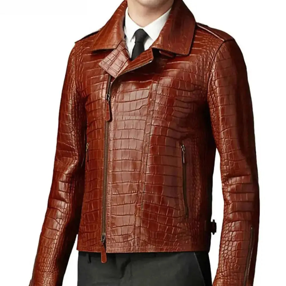 Men’s Brown Croc Alligator Leather Biker Jacket