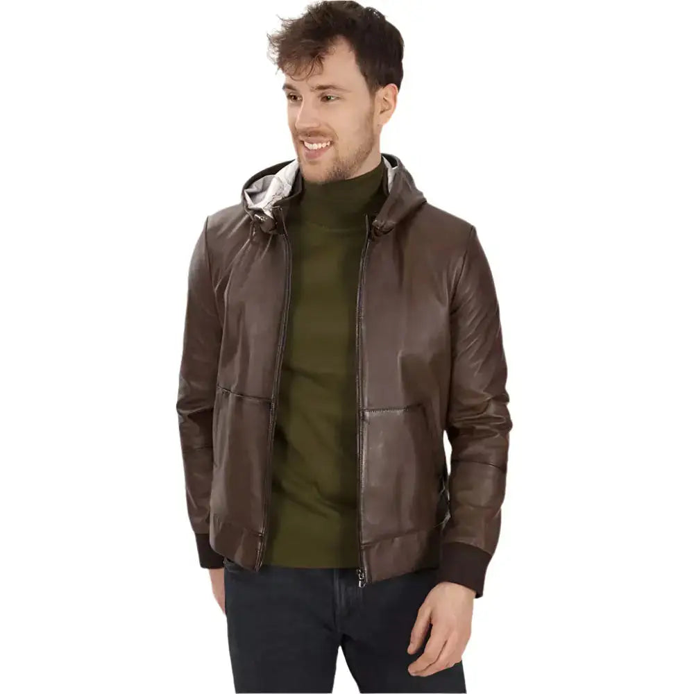 Men’s Brown Hooded Leather Jacket