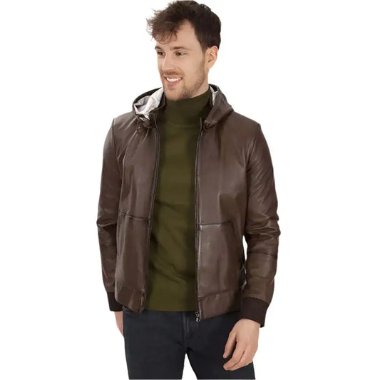 Men’s Brown Hooded Leather Jacket