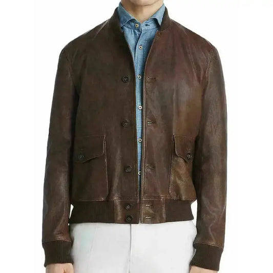 Mens Brown Leather Baseball Bomber Jacket