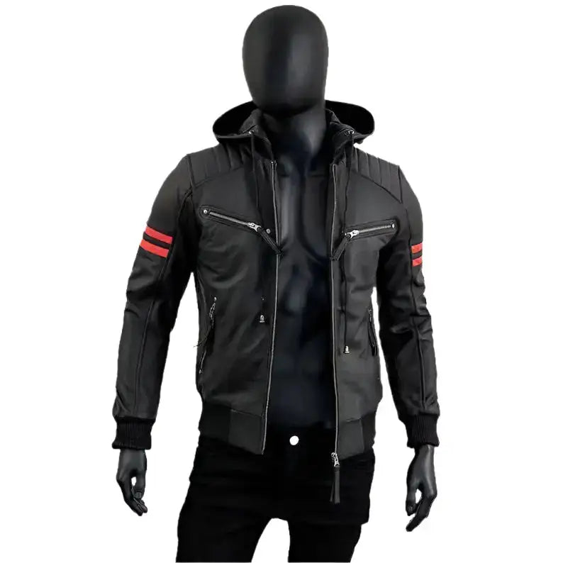Men’s Removable Hood Leather Biker Jacket