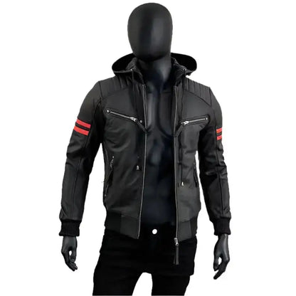 Men’s Removable Hood Leather Biker Jacket