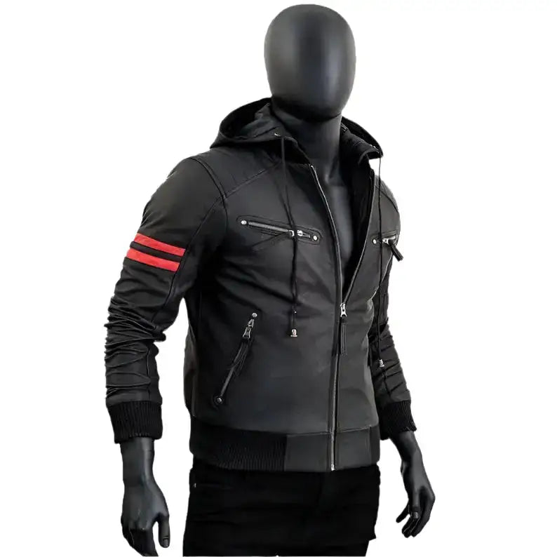 Men’s Removable Hood Leather Biker Jacket