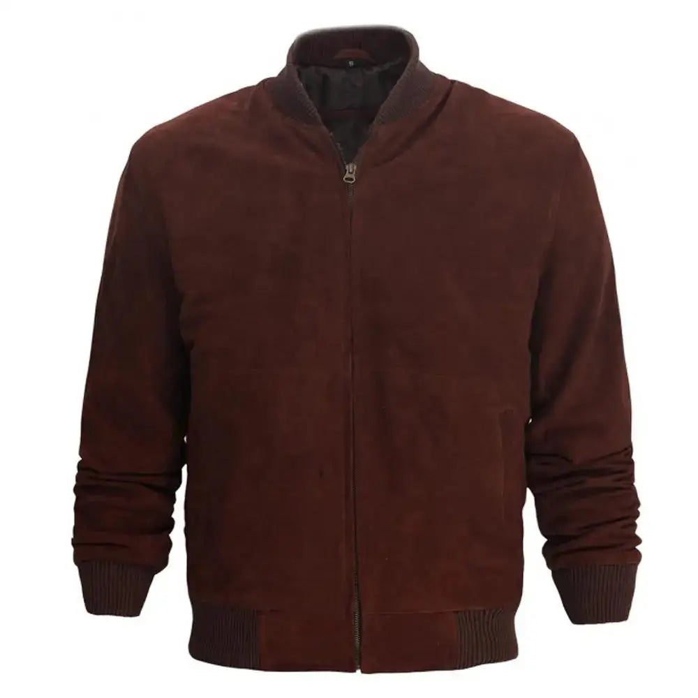 Men’s Dark Burgundy Suede Leather Bomber Jacket
