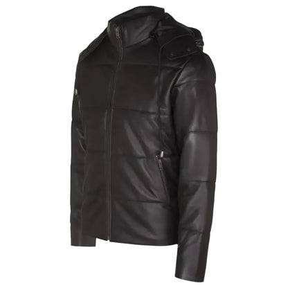 Men’s Distressed Black Leather Hooded Puffer Jacket